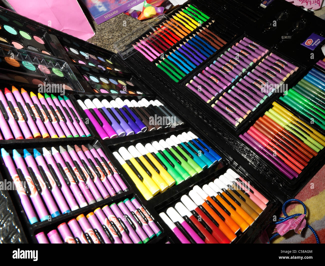 Children's Stationery Set - Crayons, Paints, Pencils, Pens Stock Photo