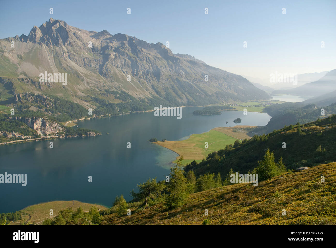 3000, tree border, mountains, mountain lake, Grison Alps, Engadin, Europe, summit, peak, Graubunden, Grisons, canton GR, larch, Stock Photo