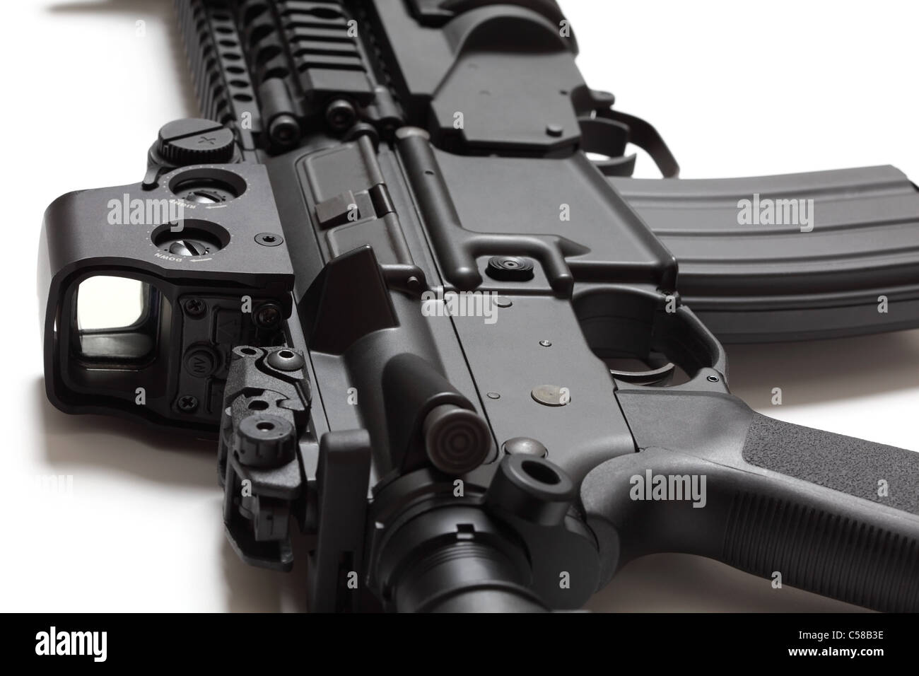 US Spec Ops M4A1 assault carbine close-up on white background. Shallow DOF. Weapon series. Stock Photo