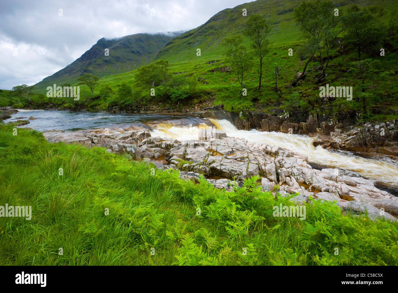 Glen Etive, Great Britain, Scotland, Europe, valley, river, flow, rock, cliff, rapids, trees, fern, clouds, rains Stock Photo