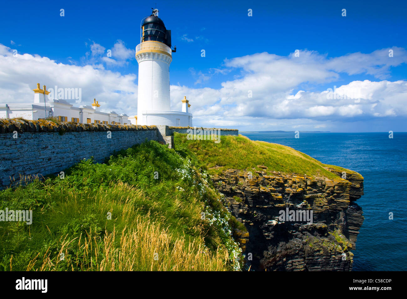Noss Head, Great Britain, Scotland, Europe, sea, coast, lighthouse, clouds Stock Photo