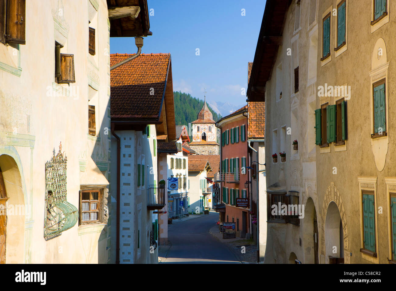 Bergun, Switzerland, Europe, canton Graubunden, Grisons, village, houses, homes, street, facade painting, Sgraffito Stock Photo