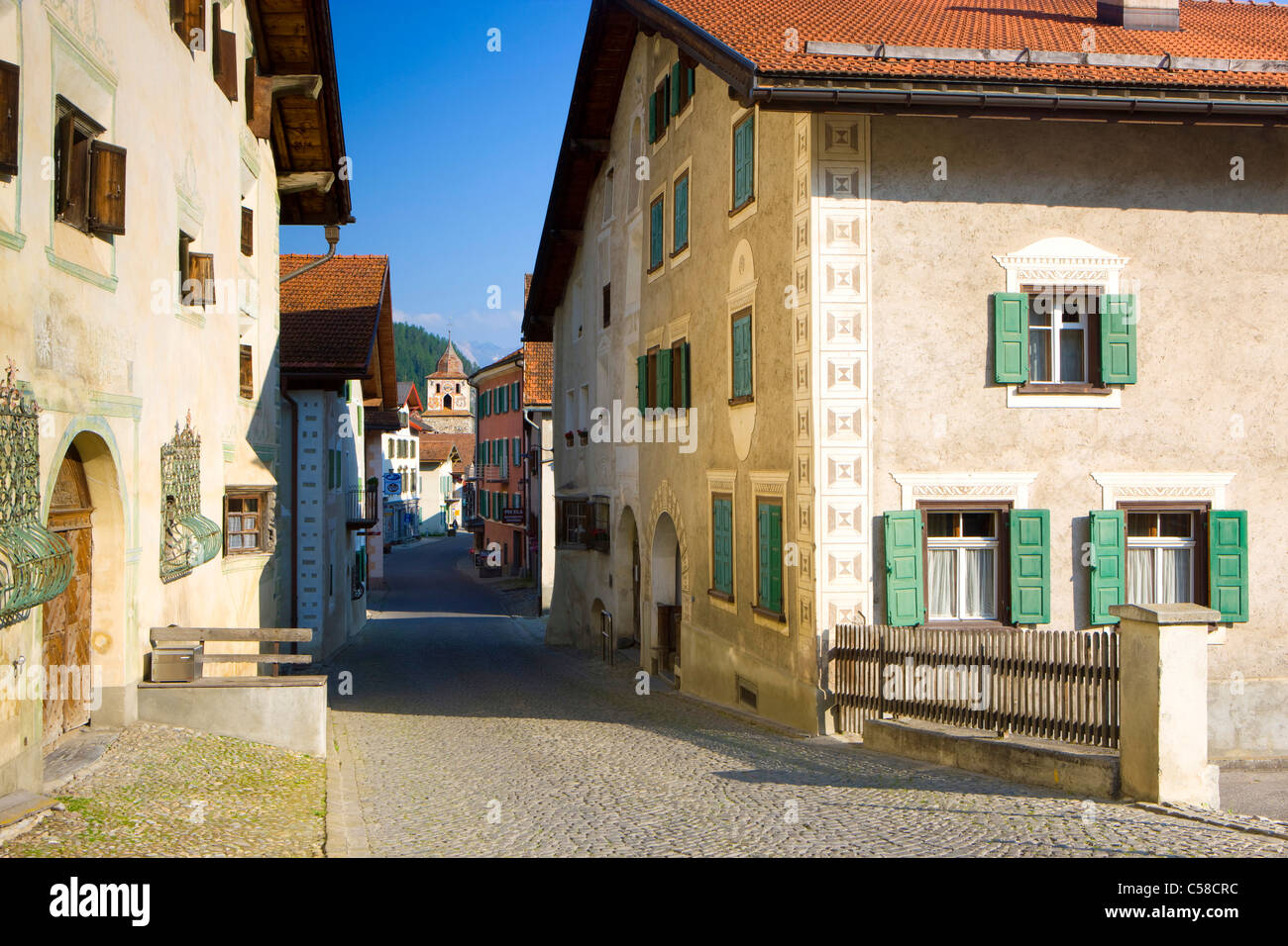 Bergun, Switzerland, Europe, canton Graubunden, Grisons, village, houses, homes, street, facade painting, Sgraffito Stock Photo