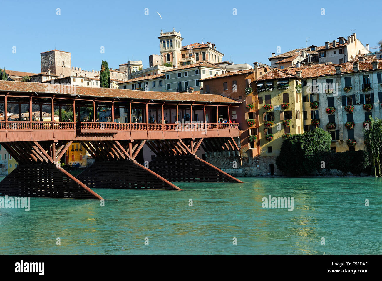 The old wooden covered bridge, Ponte degli Alpini, Bassano del Grappa. 1569 Stock Photo