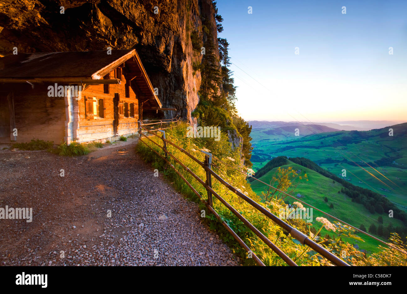 Wildkirchli, Switzerland, Europe, canton Appenzell, Innerrhoden., Alpstein, view point, cave, cave entrance, hut, morning light Stock Photo