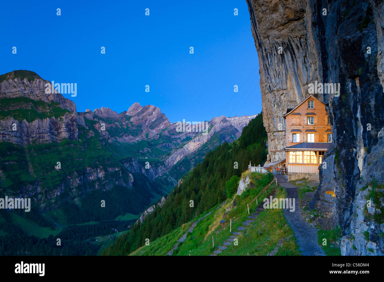 Äescher, Switzerland, Europe, canton Appenzell, Innerrhoden, Alpstein, cliff wall, inn, way, daybreak Stock Photo