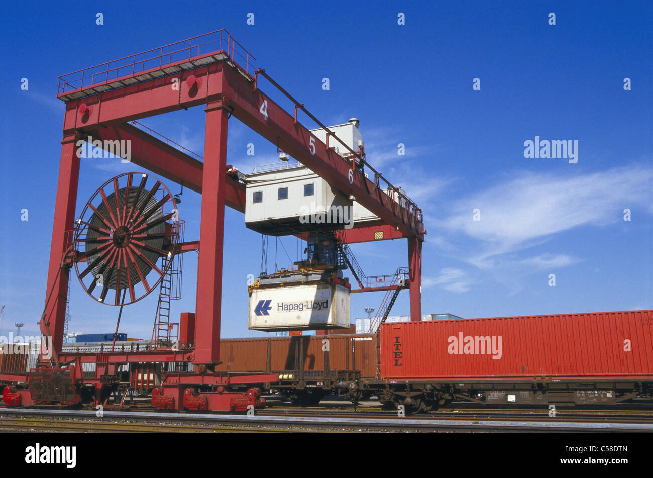 cargo container, container, shipping, freight container, nobody, outdoors, rail, railroad, railway, transport, transportation, t Stock Photo
