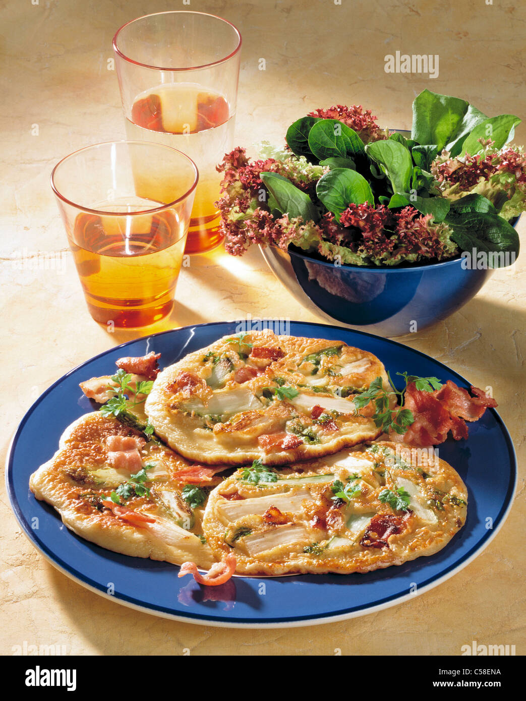 Asparagus pancake with crunchy bacon Stock Photo Alamy