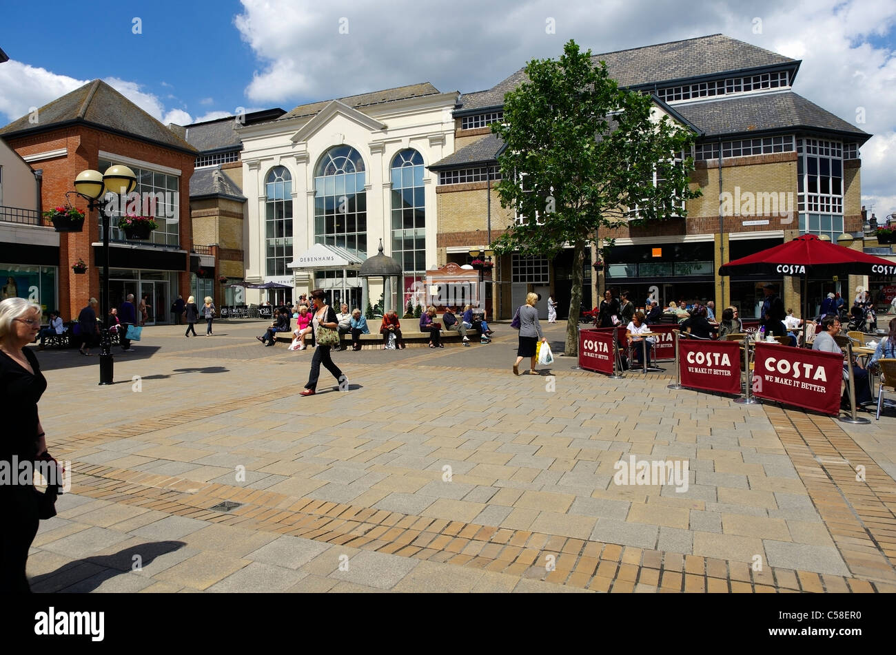 Shopping area in the centre of Colchester with the usual branded shops like Debenhams and Costa Coffee Stock Photo