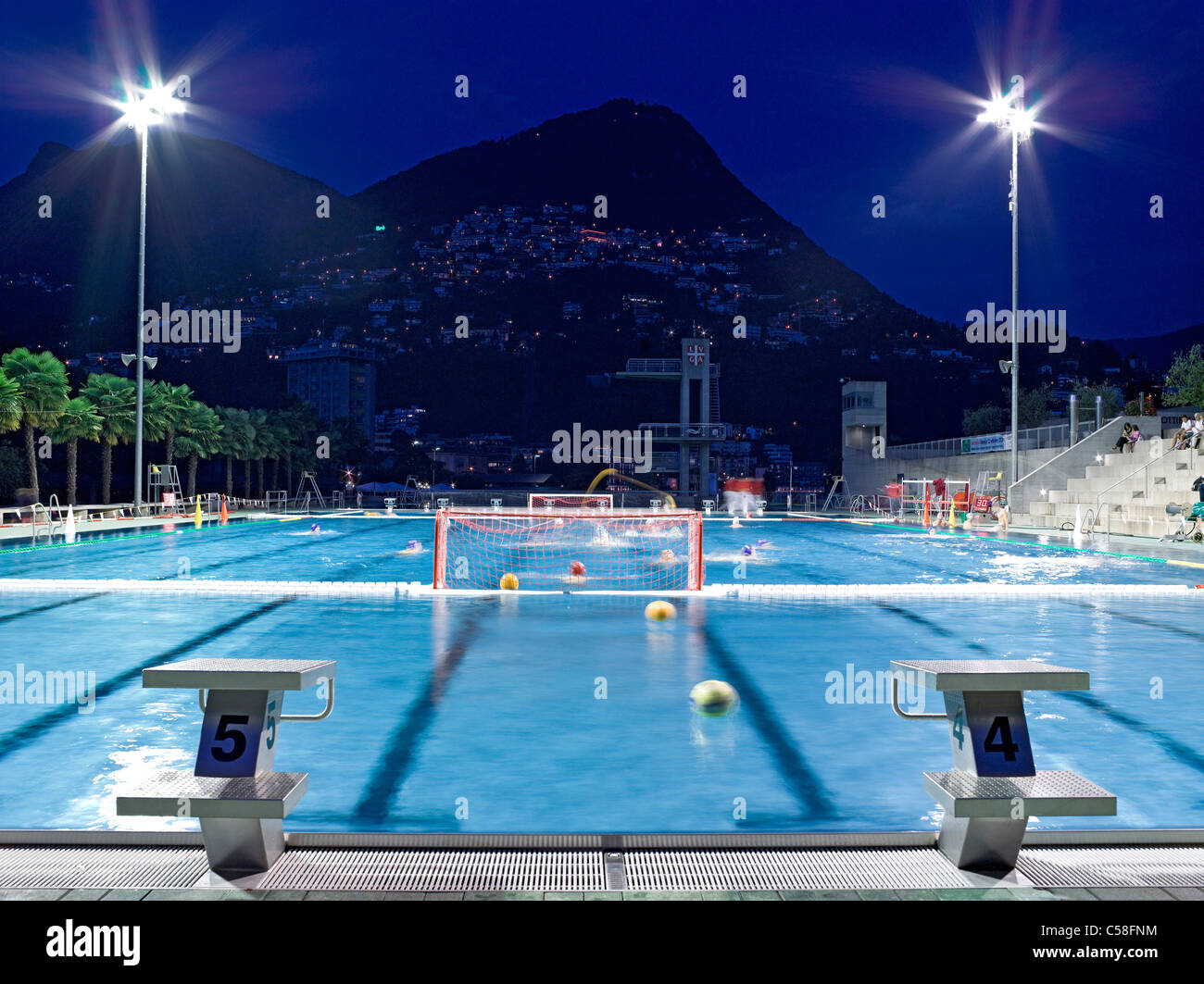 Switzerland, Ticino, Lugano, Lido, swimming pool, swimming-pool, at night  Stock Photo - Alamy