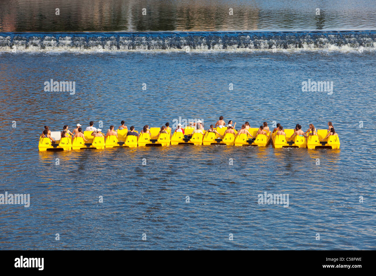 boat, boats, city, Czech republic, day, daytime, Europe, fun, Prague, pedalos, people, river, summer, Vltava, water Stock Photo