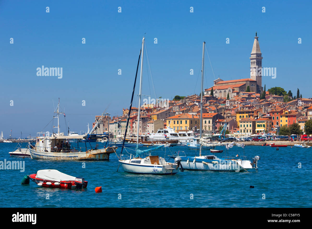Adriatic, architecture, boat, buildings, church, cityscape, coast, coastline, Croatia, day, Europe, harbour, historic, istra, Is Stock Photo