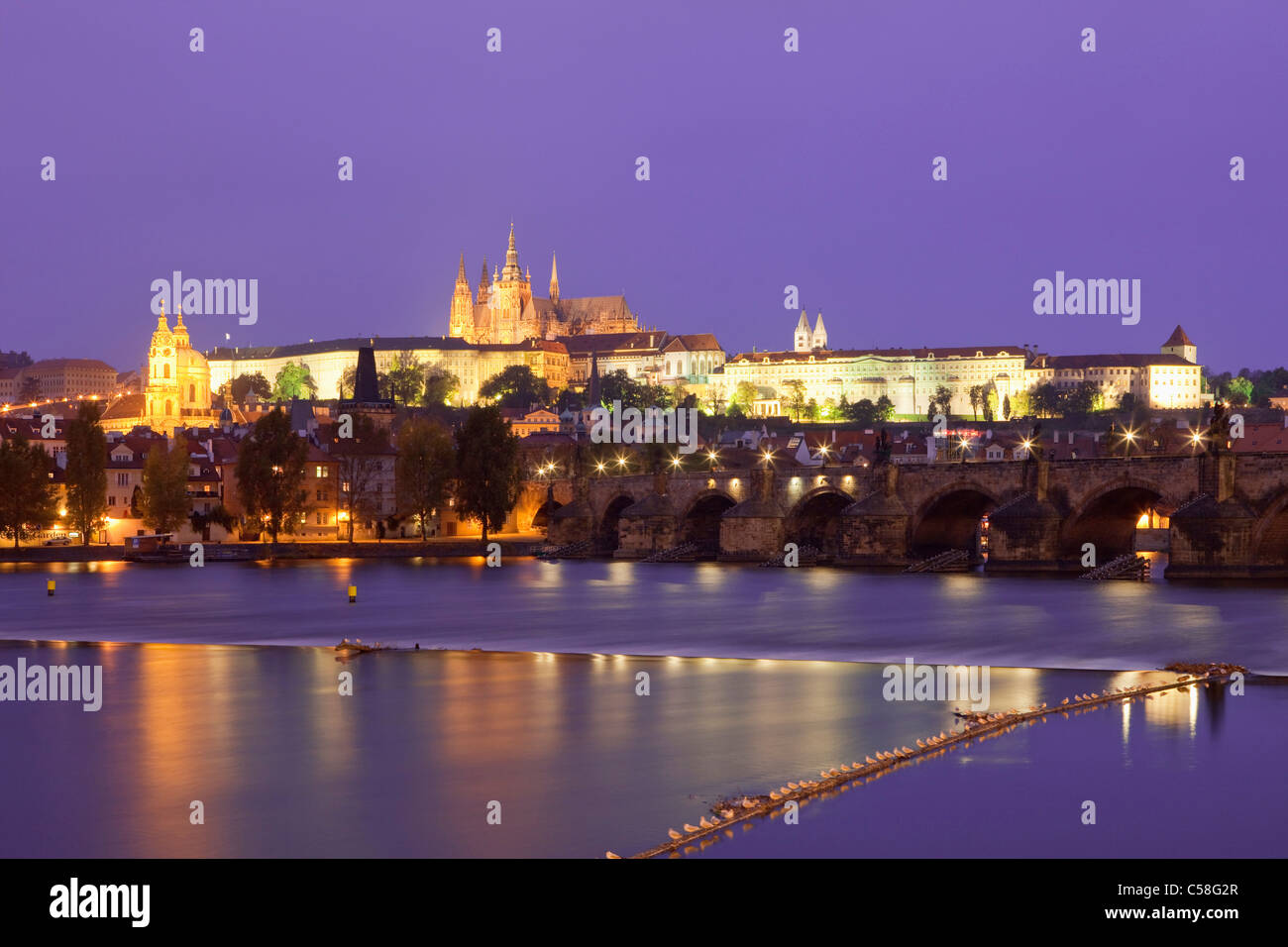 bridge, castle, cathedral, Charles, church, city, Czech republic, dusk, Europe, light, old, Prague, reflection, river, sky, trav Stock Photo