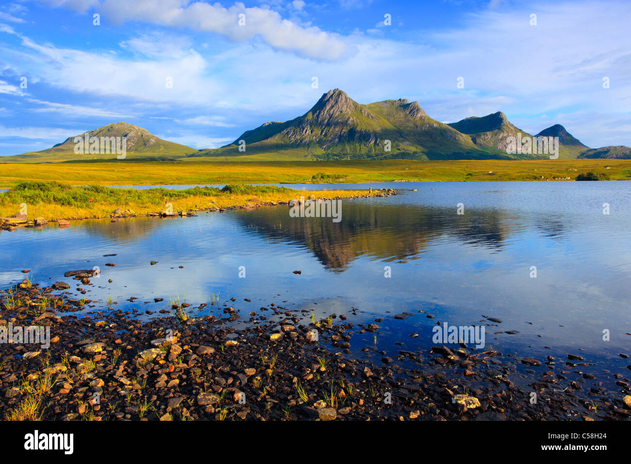 Evening, evening mood, Ben Loyal, mountains, mountains, bodies of water, summits, peaks, Great Britain, Highland, highlands, sce Stock Photo