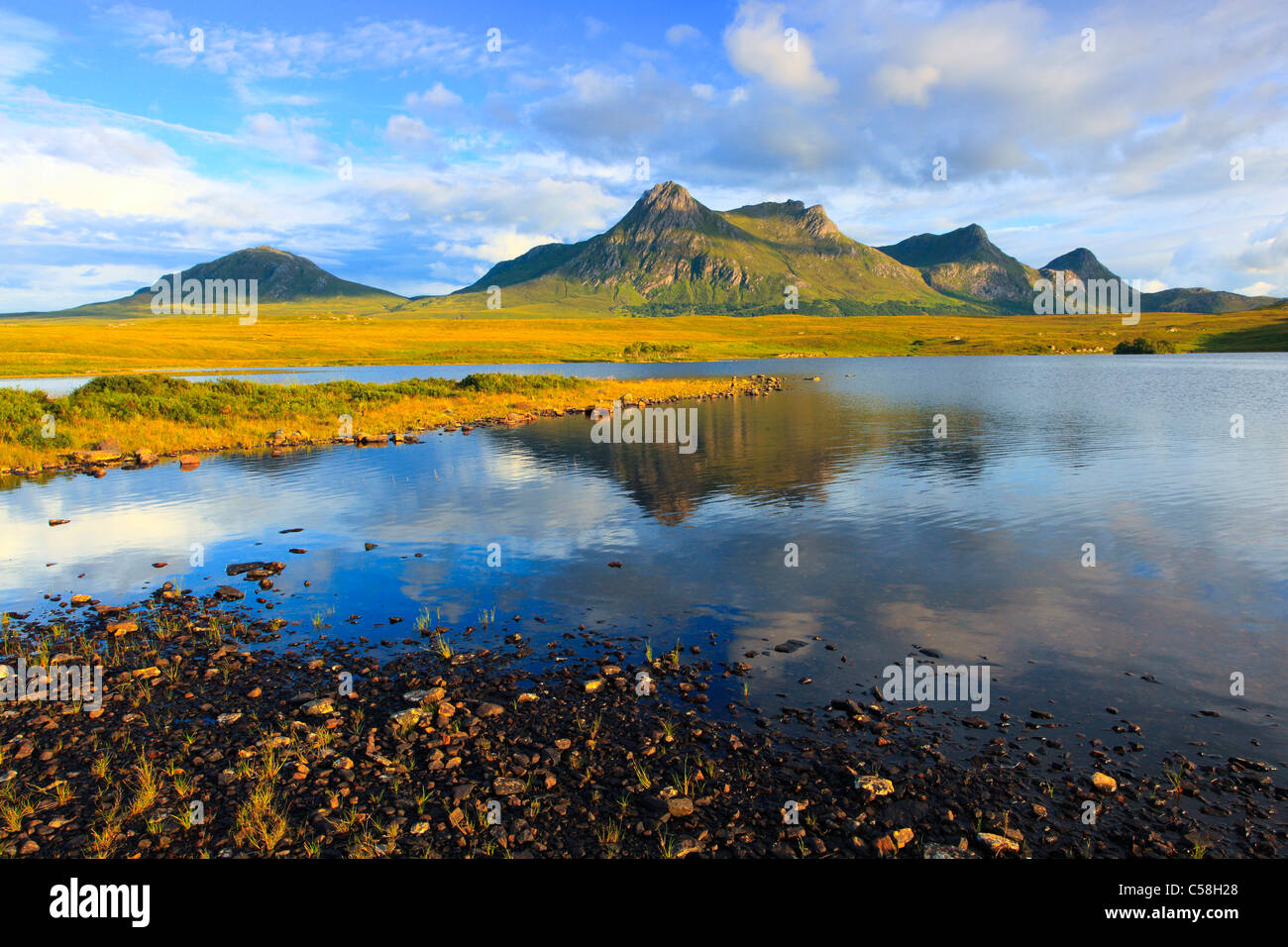 Evening, evening mood, Ben Loyal, mountains, mountains, bodies of water, summits, peaks, Great Britain, Highland, highlands, sce Stock Photo