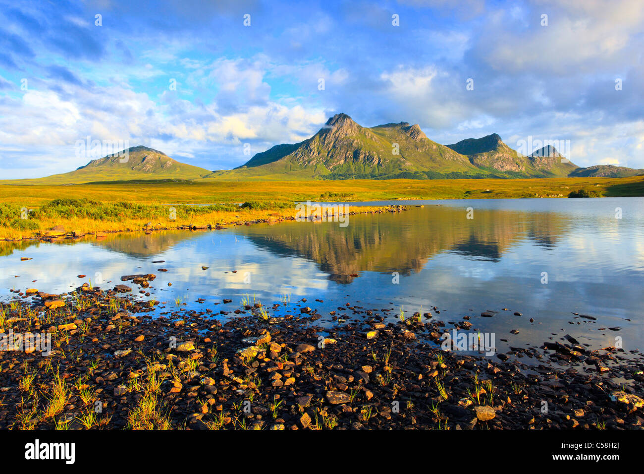 Evening, evening mood, Ben Loyal, mountains, mountains, bodies of water, summits, peaks, Great Britain, Highland, highlands, sce Stock Photo