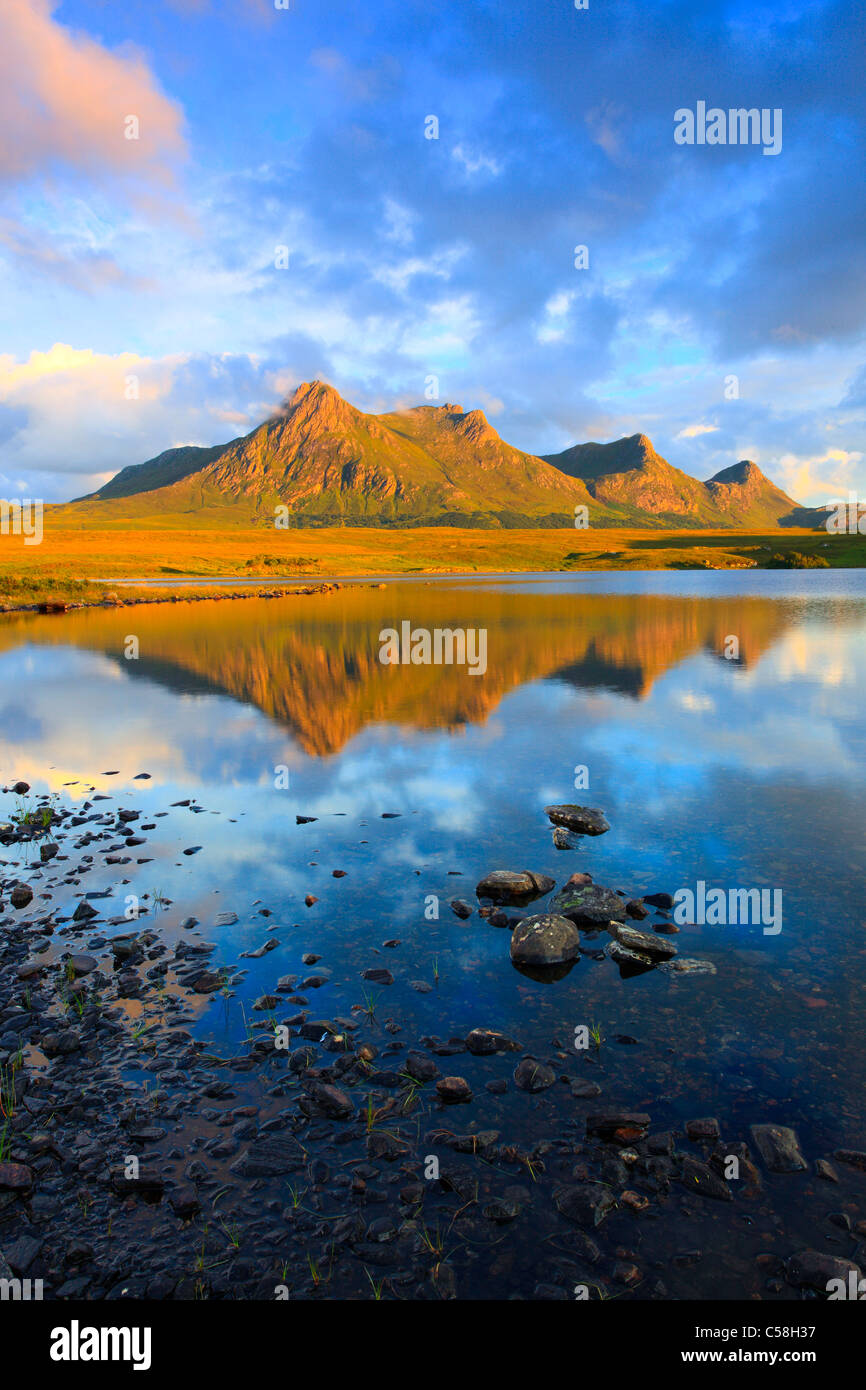 Evening, evening mood, Alpenglow, Ben Loyal, mountains, mountains, bodies of water, summits, peaks, glowing, Great Britain, High Stock Photo