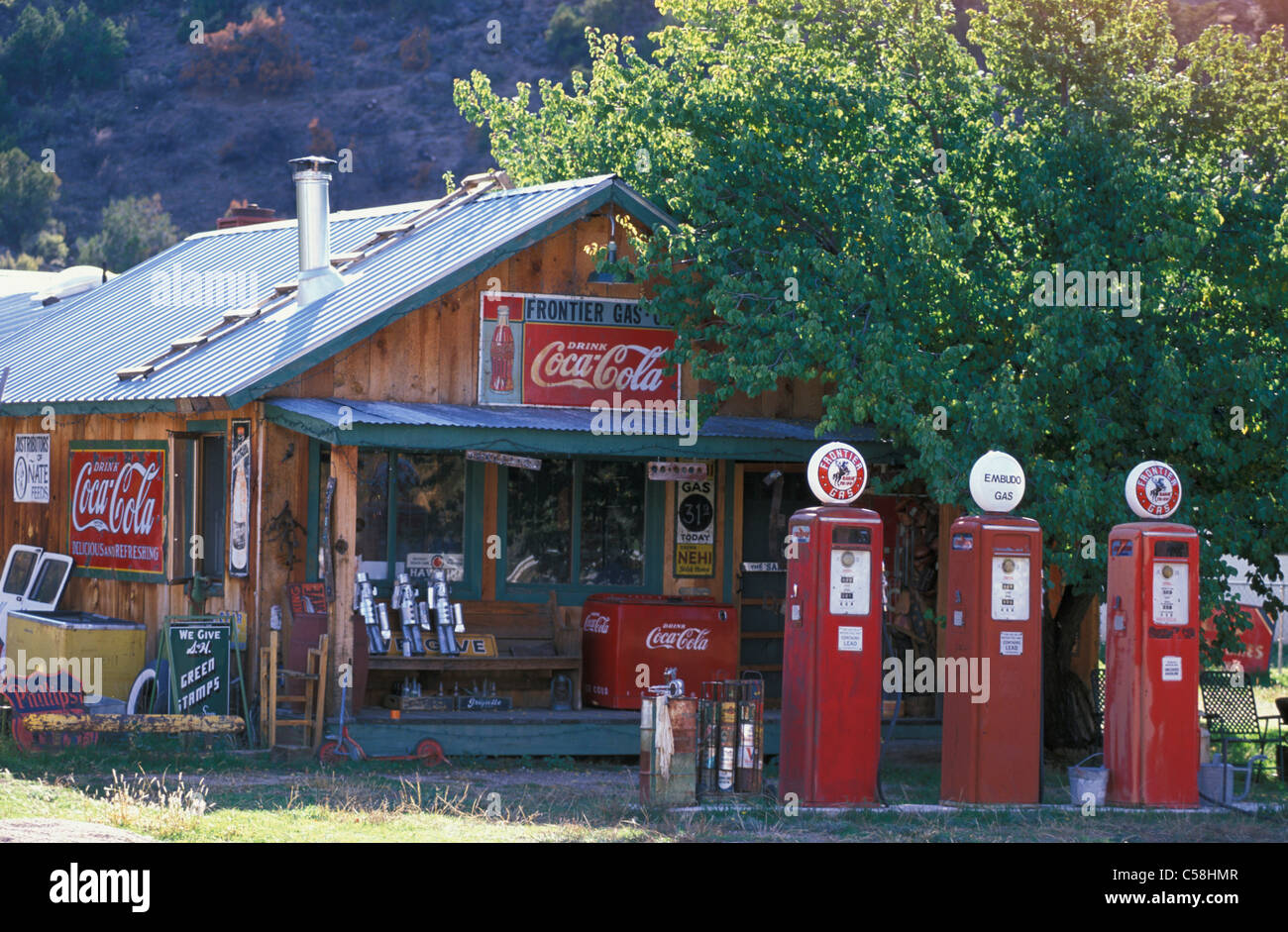 Frontier Gas Station, Historical, gas pumps, near Espanola, New Mexico, USA, United States, America, Stock Photo