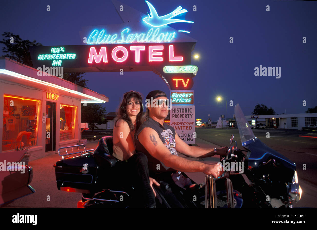 Blue swallow, Motel, Couple, Route 66, near Tucumcari, New Mexico, USA, United States, America, motor bike Stock Photo