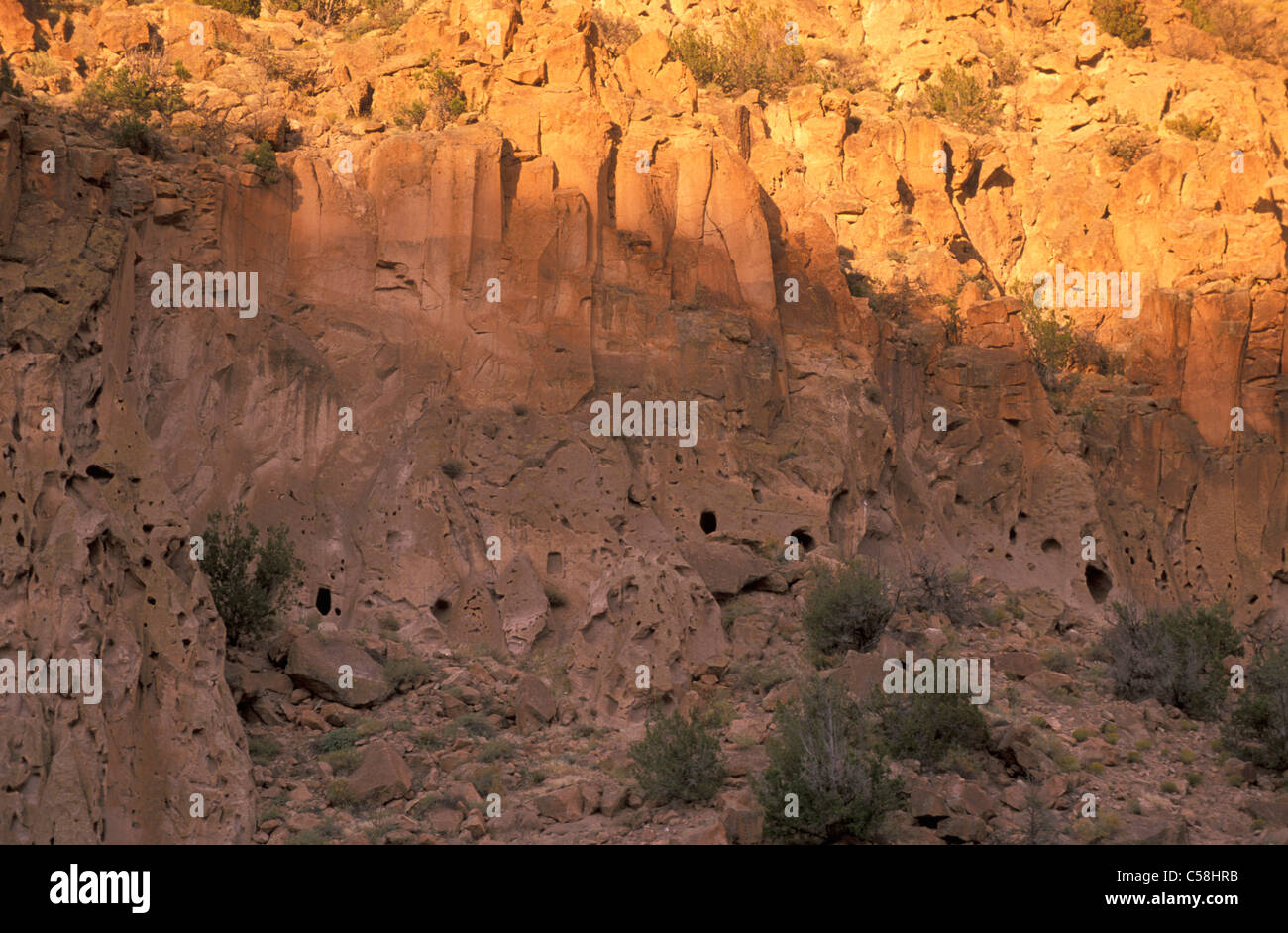 Indian Ruins, Bandelier, National Monument, New Mexico, USA, United States, America, caves, dwellings, mountain, rock Stock Photo