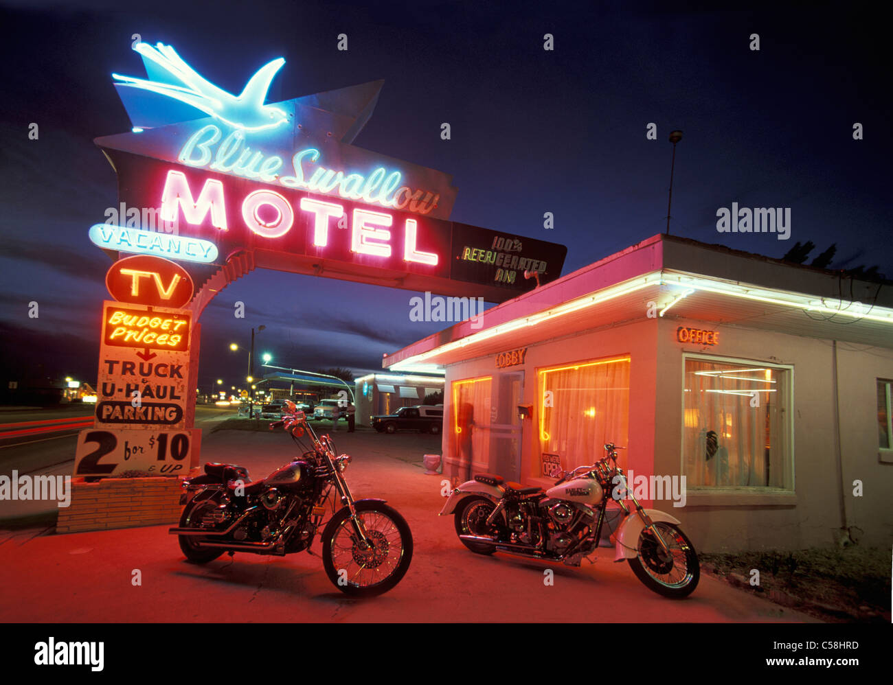 Blue swallow, Motel, Route 66, near Tucumcari, New Mexico, USA, United States, America, motor bikes Stock Photo