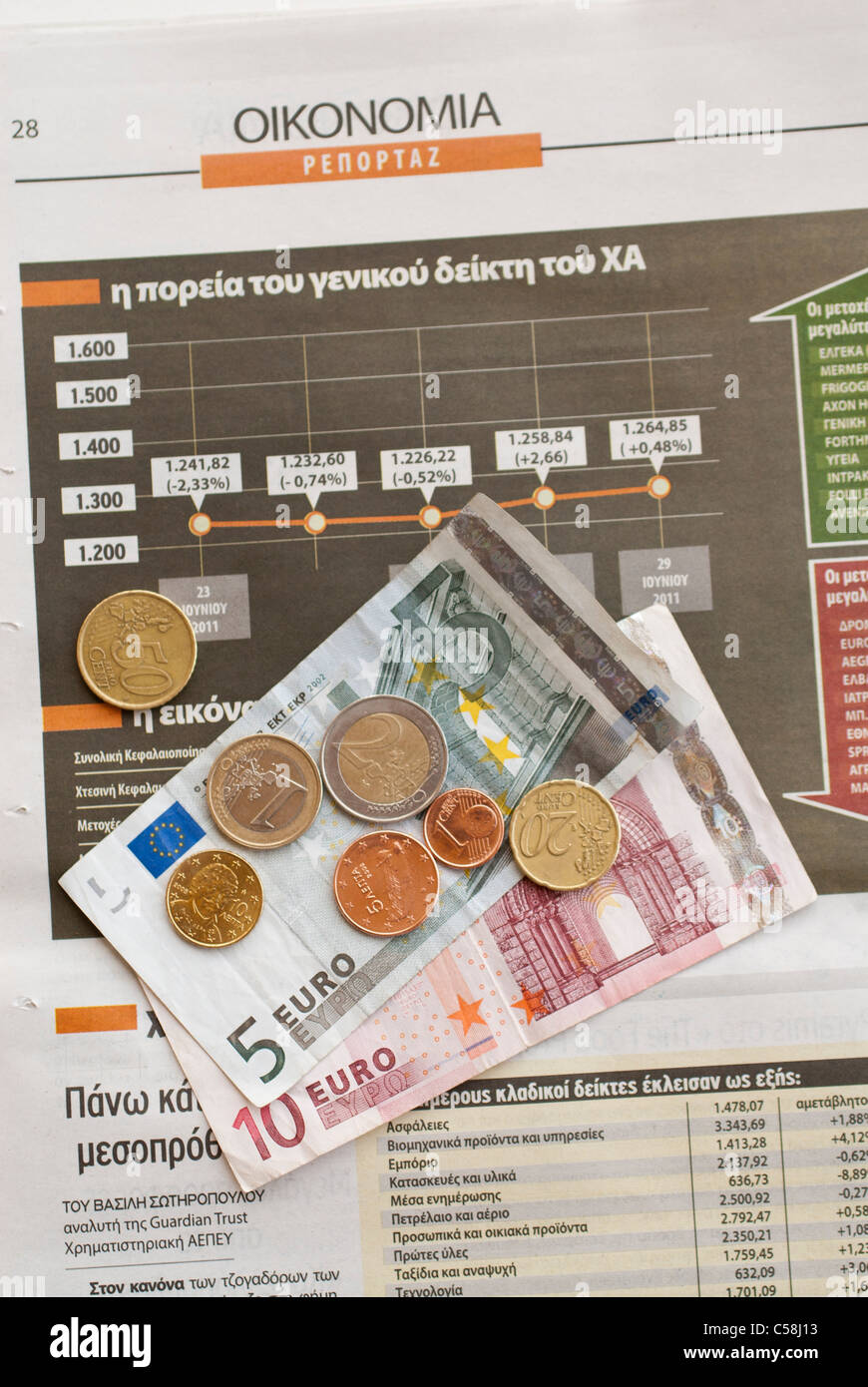 financial,crisis,greece,newspaper,article,news,greek,coins,euro,greek euro notes Stock Photo