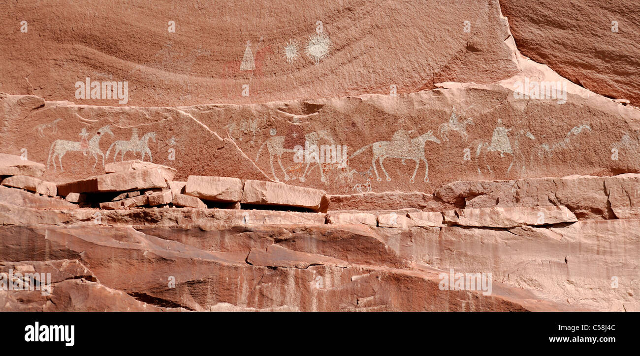 Spanish Horseman, Anasazi Indian, pictographs, North Canyon, Canyon del Muerto, Canyon de Chelly, National Monument, Arizona, US Stock Photo