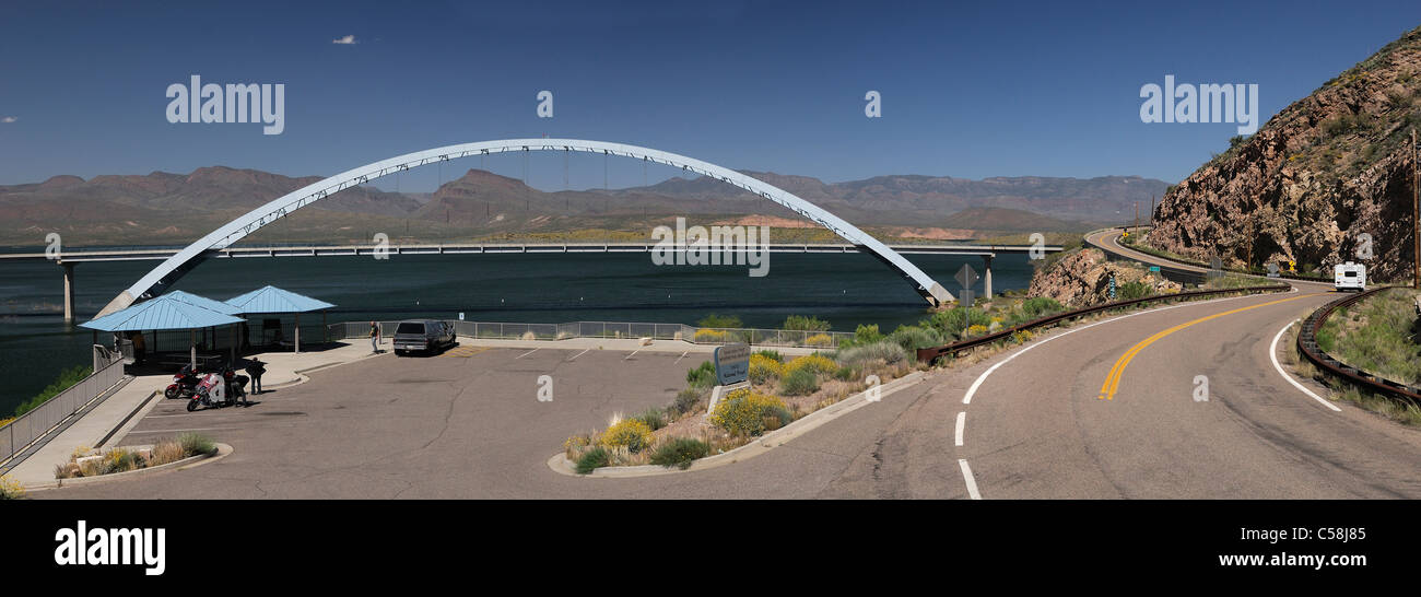 Theodore Roosevelt, Lake, Bridge, Apache Trail Historic Road, Roosevelt, Arizona, USA, United States, America, road Stock Photo