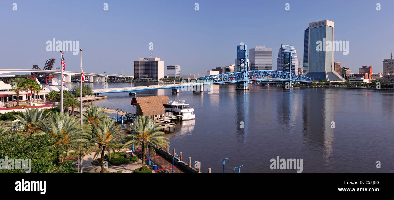 St. Johns River, Blue bridge, Jacksonville, Florida, USA, United States, America, buildings Stock Photo