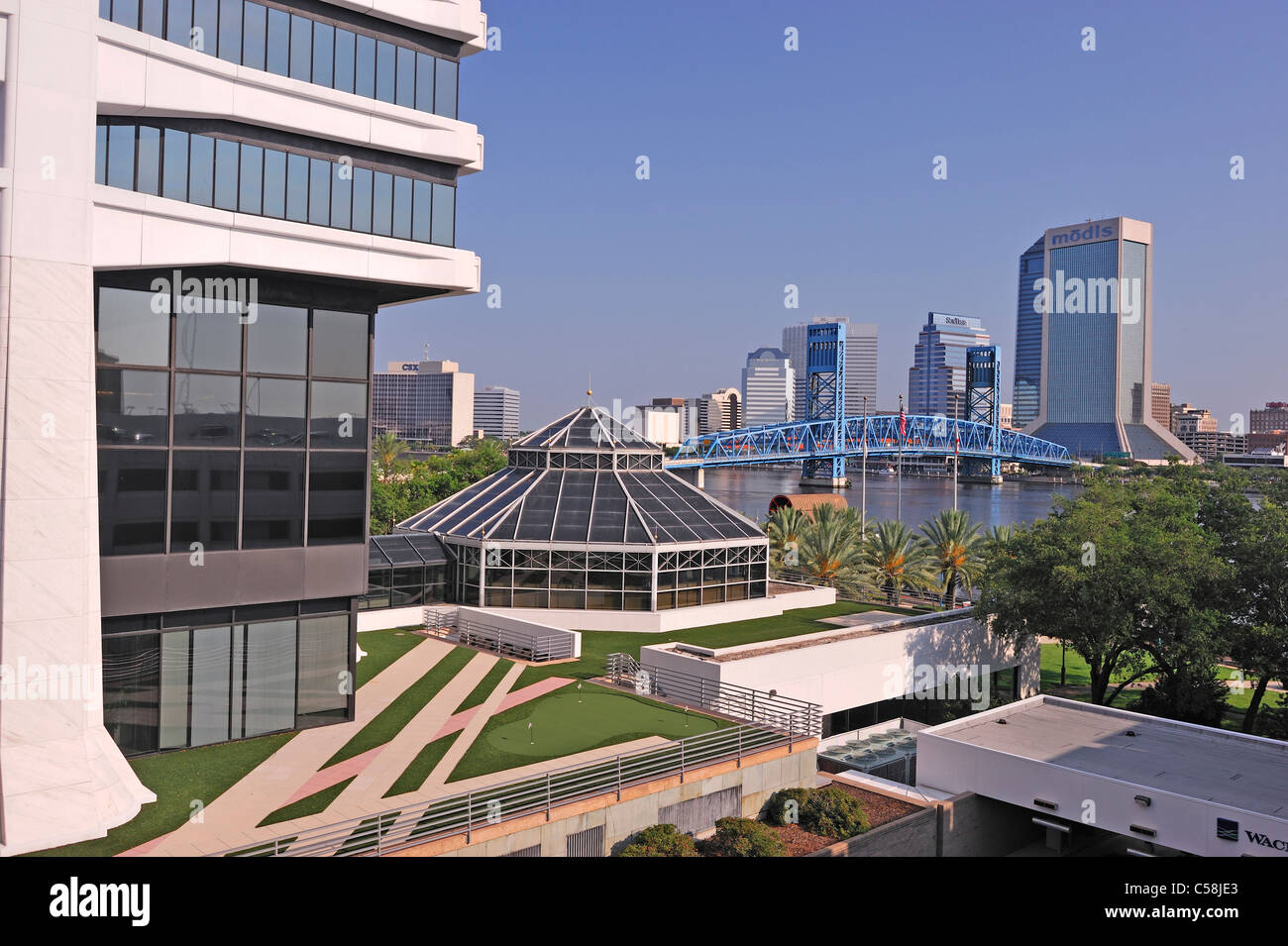 St. Johns River, Blue bridge, Jacksonville, Florida, USA, United States, America, buildings Stock Photo