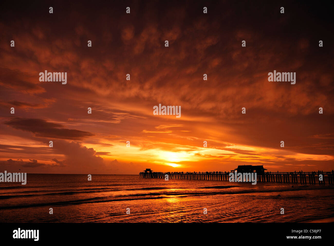 Sunset, Naples Pier, Gulf of Mexico, Naples, Florida, USA, United