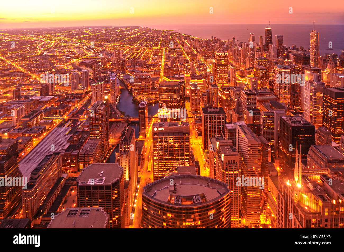 Chicago, from above, from Willis Tower, Chicago, Illinois, USA, United States, America, buildings, lake Michigan, lights, dusk, Stock Photo