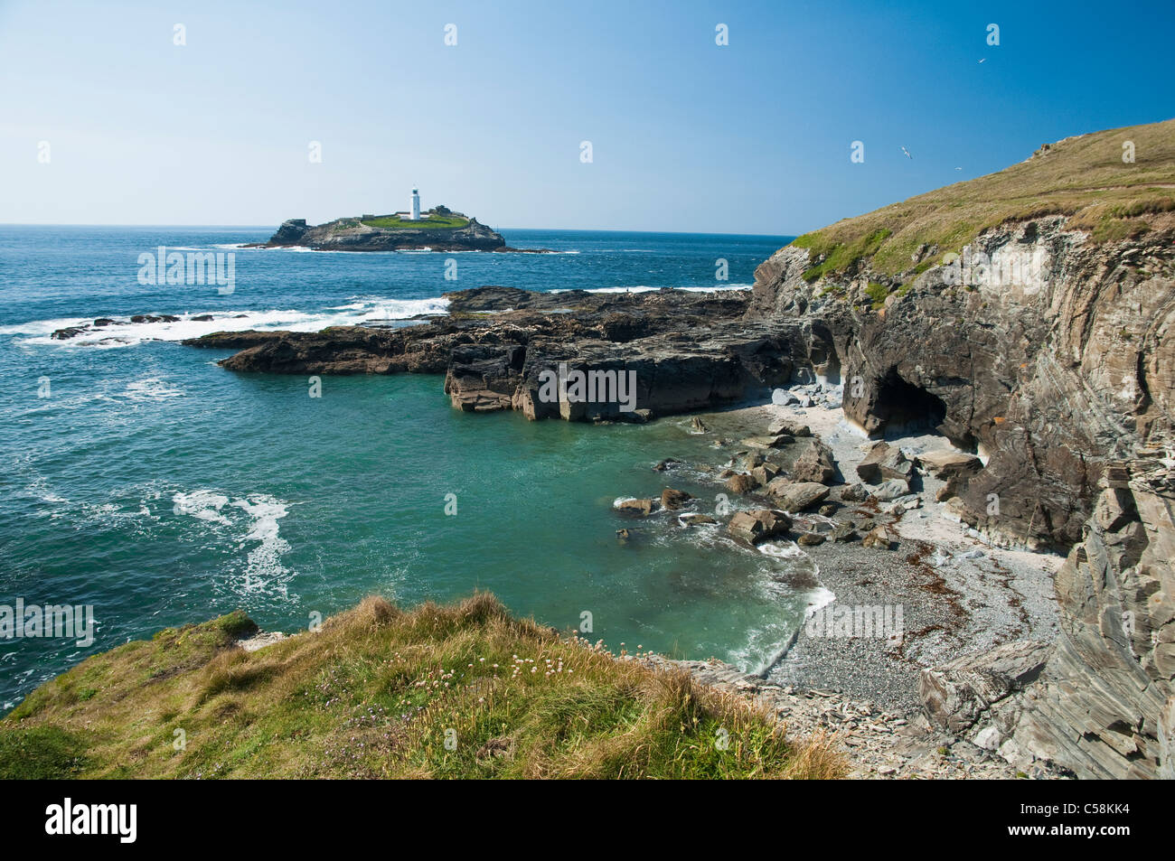 Godrevy Lighthouse, viewed from Godrevy Point, St Ives Bay, Cornwall, UK. Stock Photo