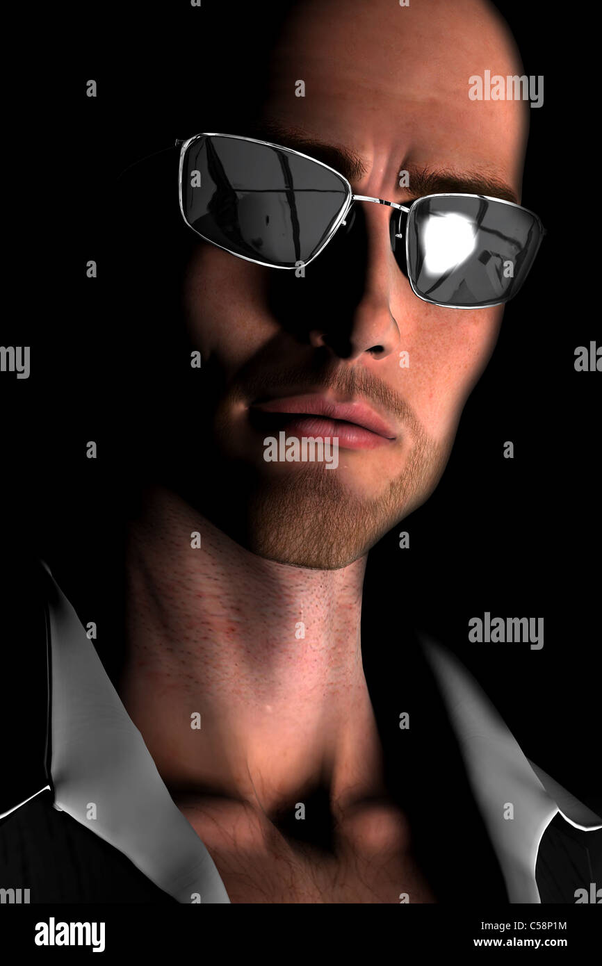 Digital render of a close-up of the face of a young, bald man wearing sunglasses standing in shadow. Stock Photo