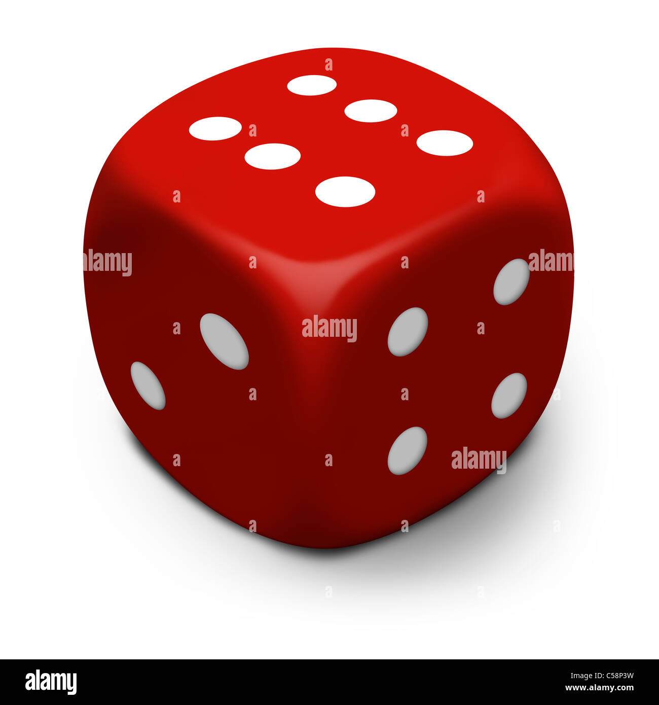 Modern 3D red dice/die that rolled a six, isolated on a white background with shadow. Stock Photo