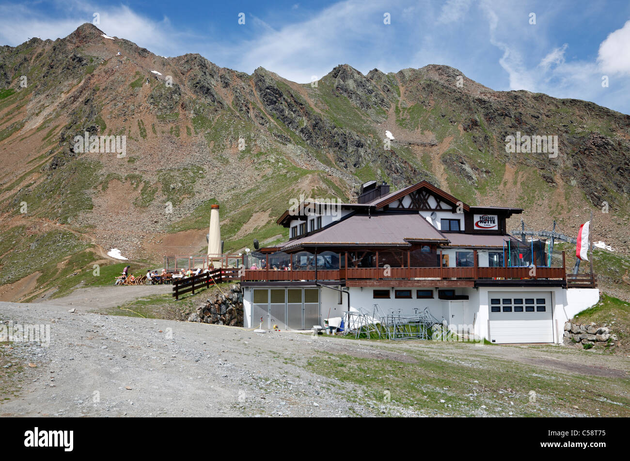 Rotkogel Mountain Hut in the mountains close to the Rettenbach glacier on the mountain trekking trail from Rettenbach to Sölden. Stock Photo