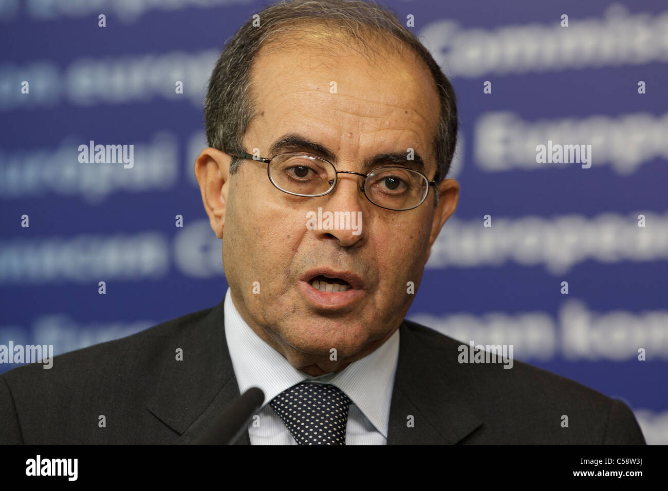 Mahmoud Jibril, Chairman, National Transitional Council of Libya, speaking at the European Commission in Brussels. Stock Photo