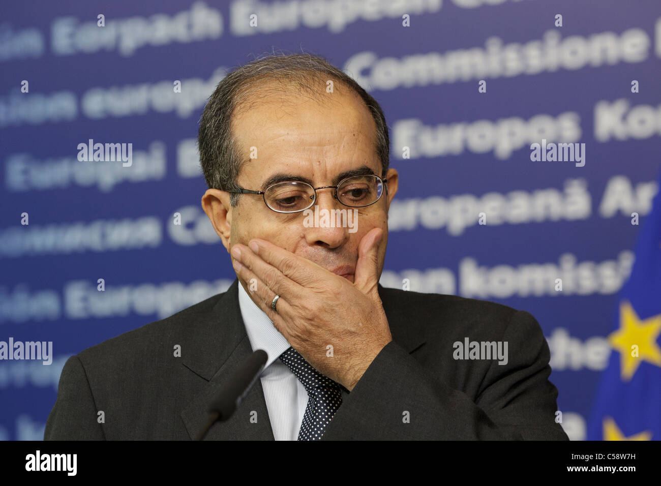 Mahmoud Jibril, Chairman, National Transitional Council of Libya, speaking at the European Commission in Brussels. Stock Photo