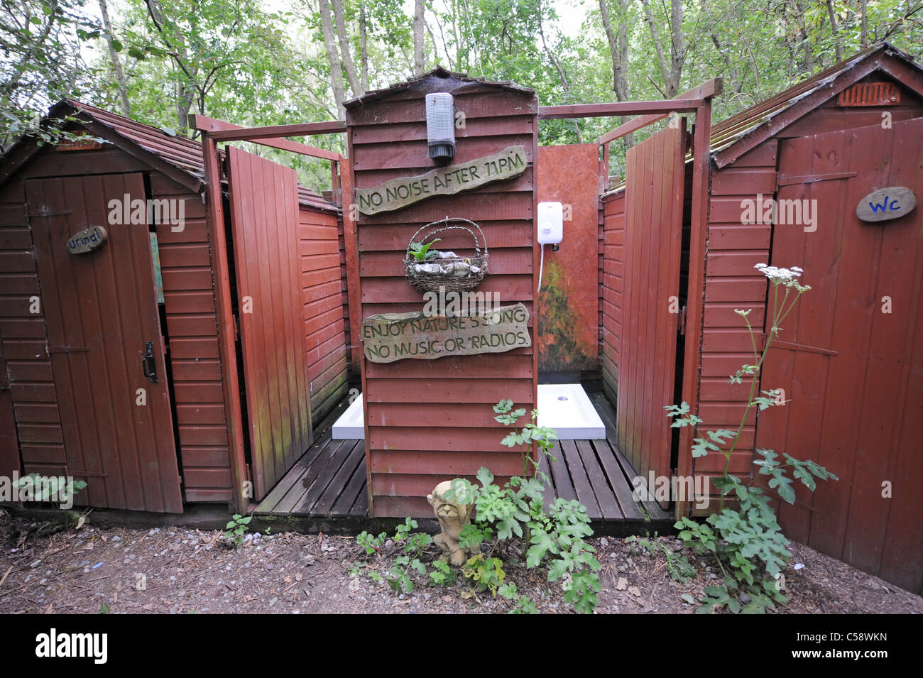 Showers at The Blackberry Farm campsite in Streat near Ditchling Sussex where the owner Tim Johnson hires out various styles of caravans Stock Photo