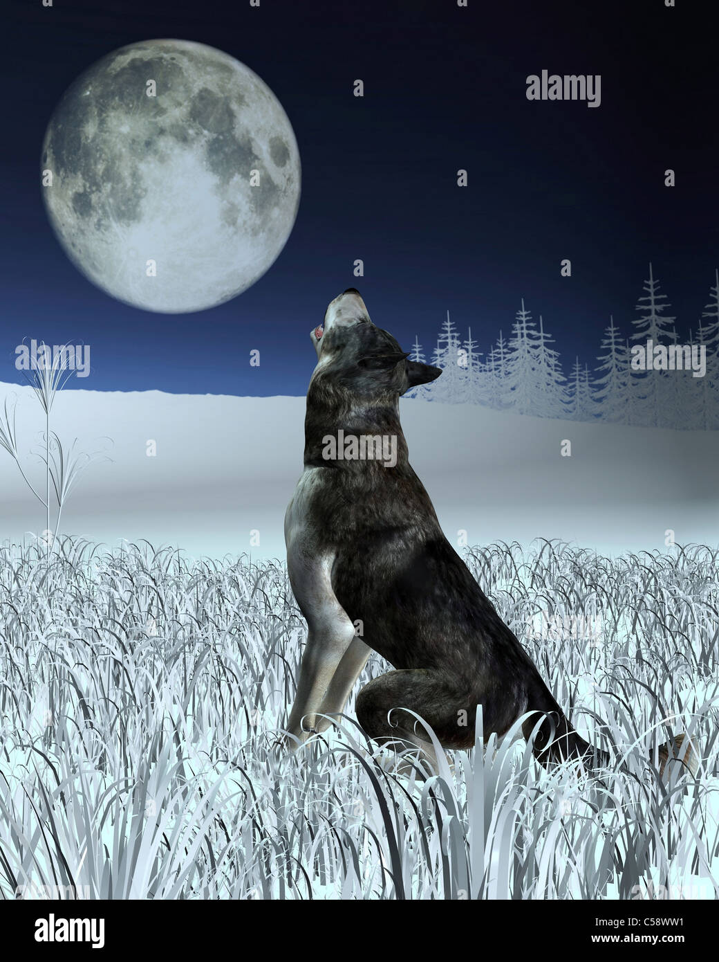 wolf howling at full moon drawing