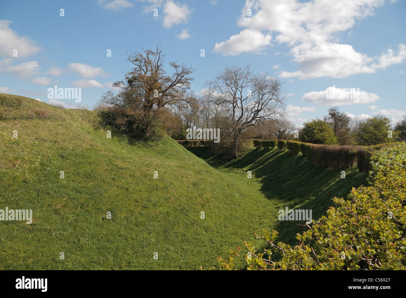 Excellent view of the civil war defensive earthworks around the site of Basing House, Old Basing, Hampshire, UK. Stock Photo