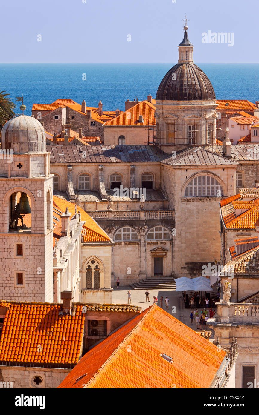 Church domes and colorful tiled roofs of Dubrovnik, Dalmatia Croatia Stock Photo