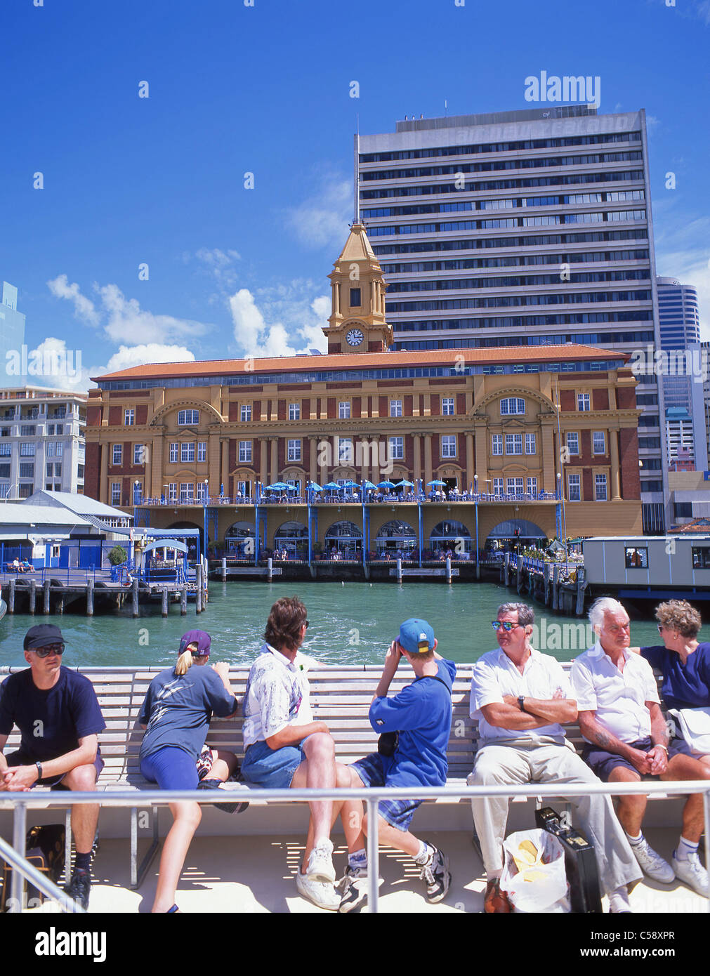 Auckland waterfront and Ferry Building from Devonport Ferry, Auckland, Auckland Region, North Island, New Zealand Stock Photo