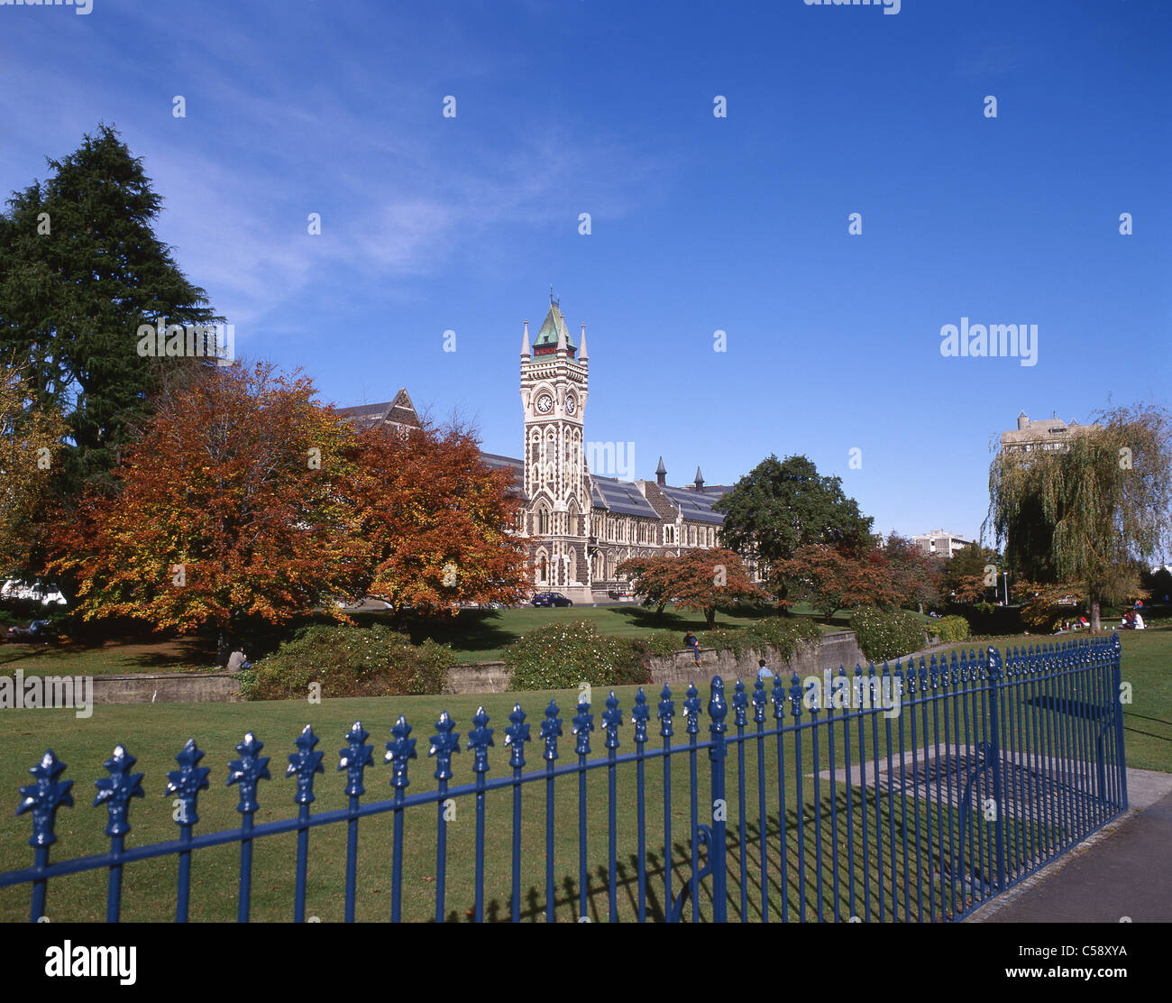 View of campus showing University Clocktower, University of Otago, Dunedin, Otago Region, South Island, New Zealand Stock Photo