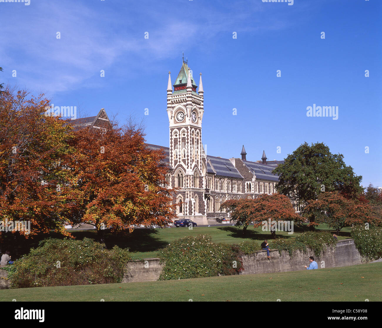 View of campus showing University Clocktower, University of Otago, Dunedin, Otago Region, South Island, New Zealand Stock Photo