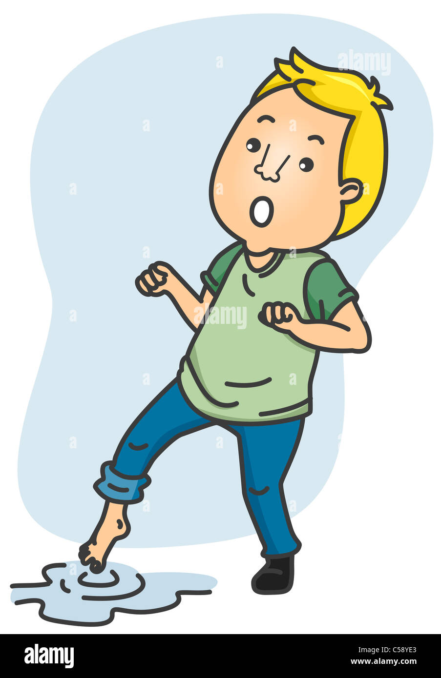 A Man Testing the Water Temperature by Dipping His Toes in it Stock