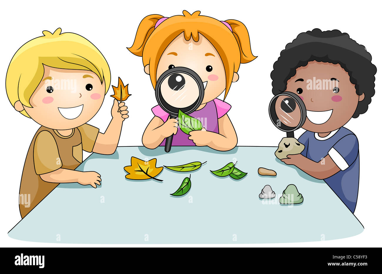 A Small Group of Kids Studying Leaves Through Magnifying Glasses Stock