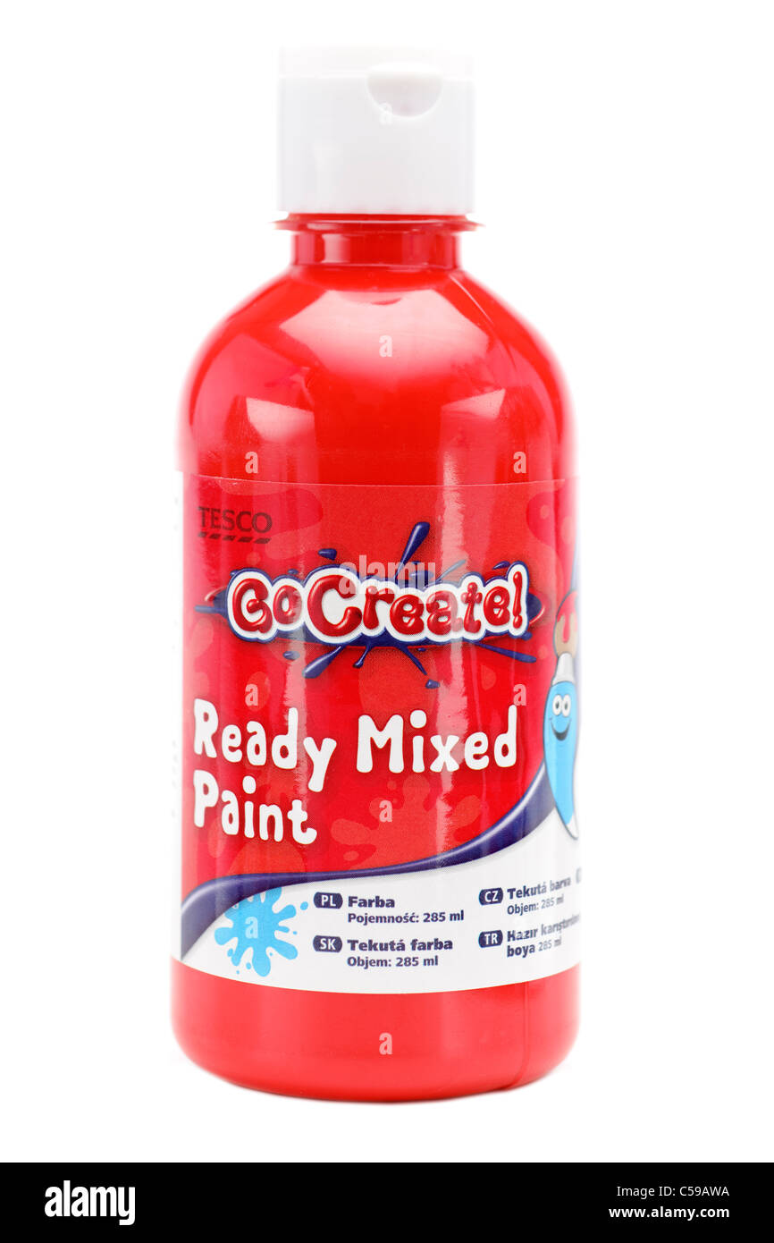 Red plastic flip top bottle of Tesco Gocreate red ready mixed paint. Stock Photo