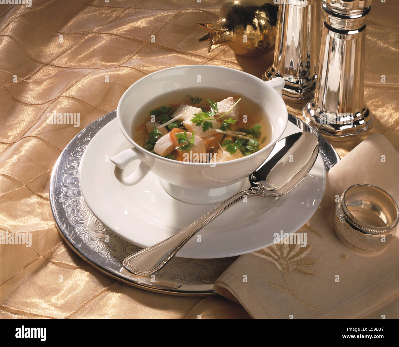 Chicken stock / consomme with royale Stock Photo Alamy
