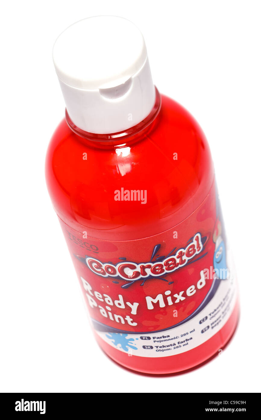 Red plastic flip top bottle of Tesco GoCreate red ready mixed paint